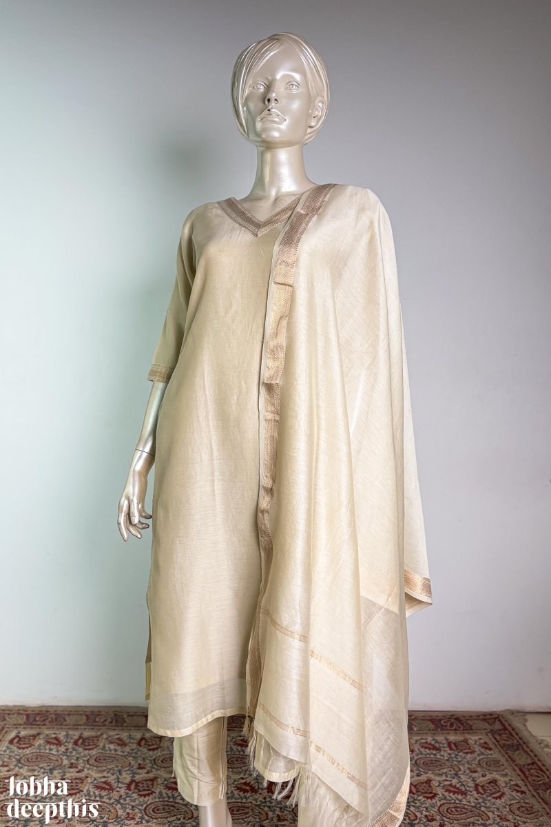 Ivory Maheshwari Silk V Neck Kurta - Lobha Deepthis