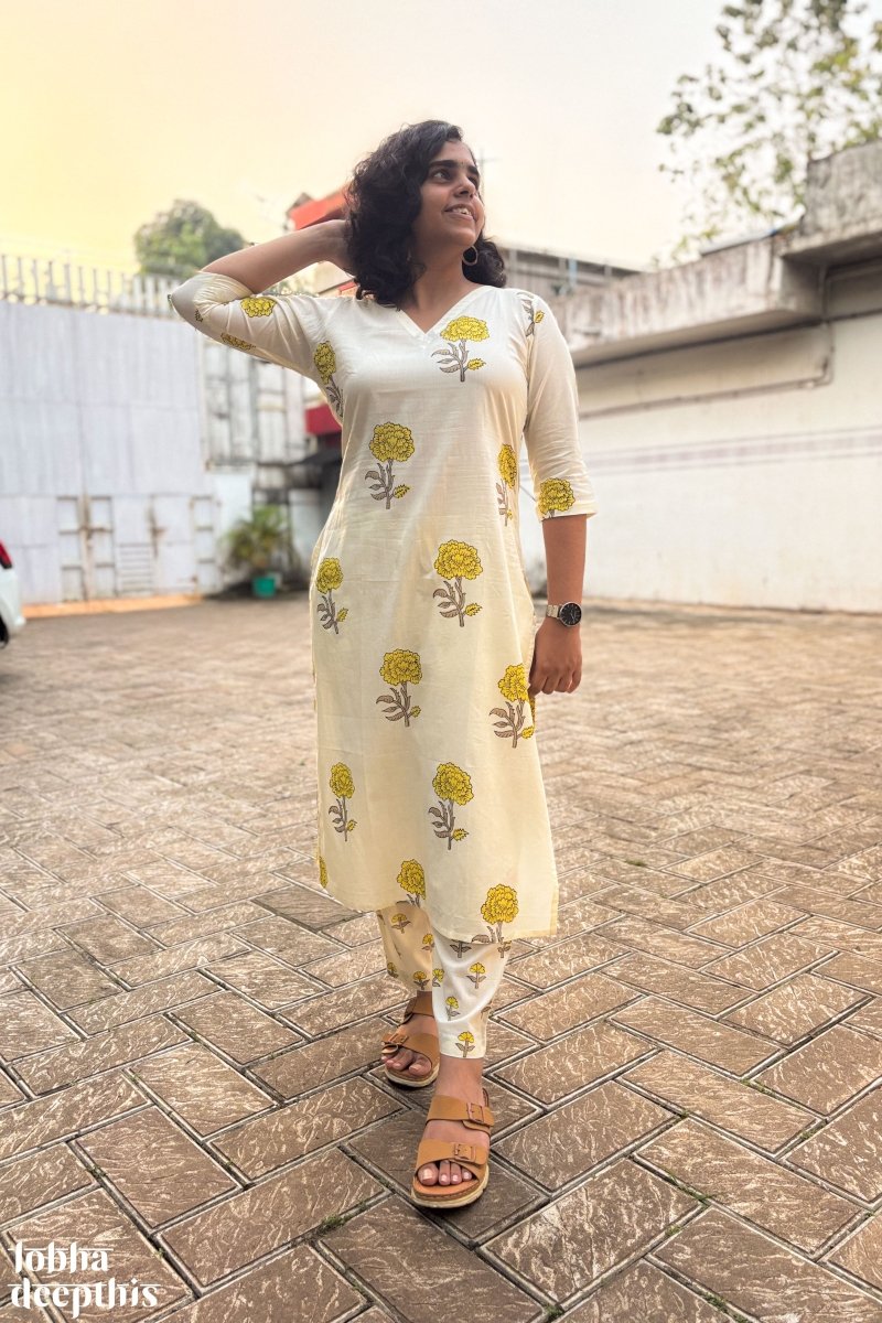 Jamanthi on Cream Sanganeri Straight Kurta - Lobha Deepthis