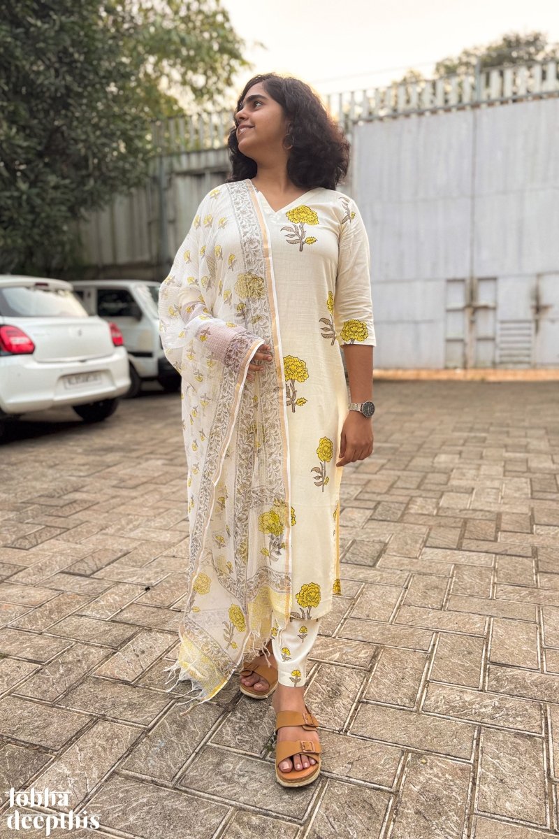 Jamanthi on Cream Sanganeri Straight Kurta - Lobha Deepthis