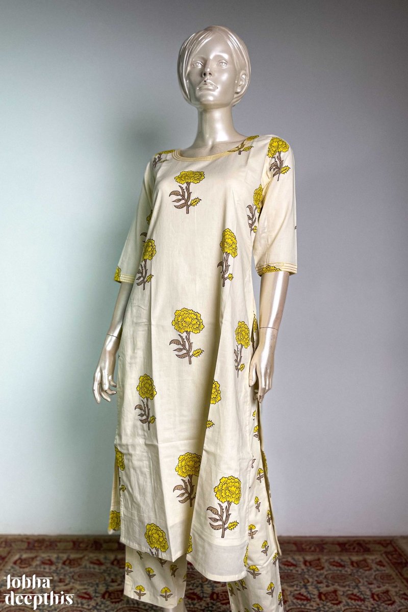 Jamanthi on Cream Sanganeri Straight Kurta - Lobha Deepthis