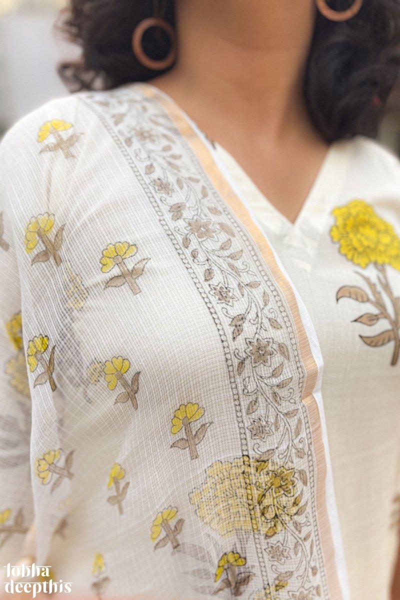 Jamanthi on Cream Sanganeri Straight Kurta - Lobha Deepthis