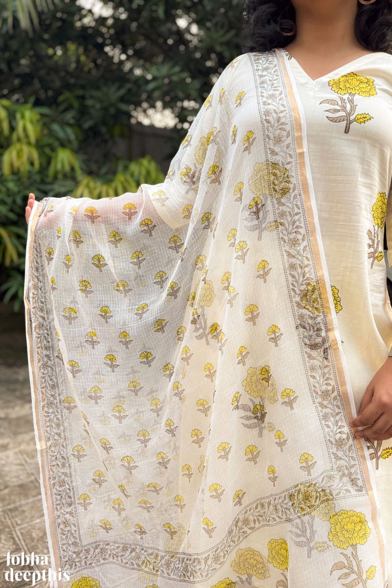 Jamanthi on Cream Sanganeri Straight Kurta - Lobha Deepthis