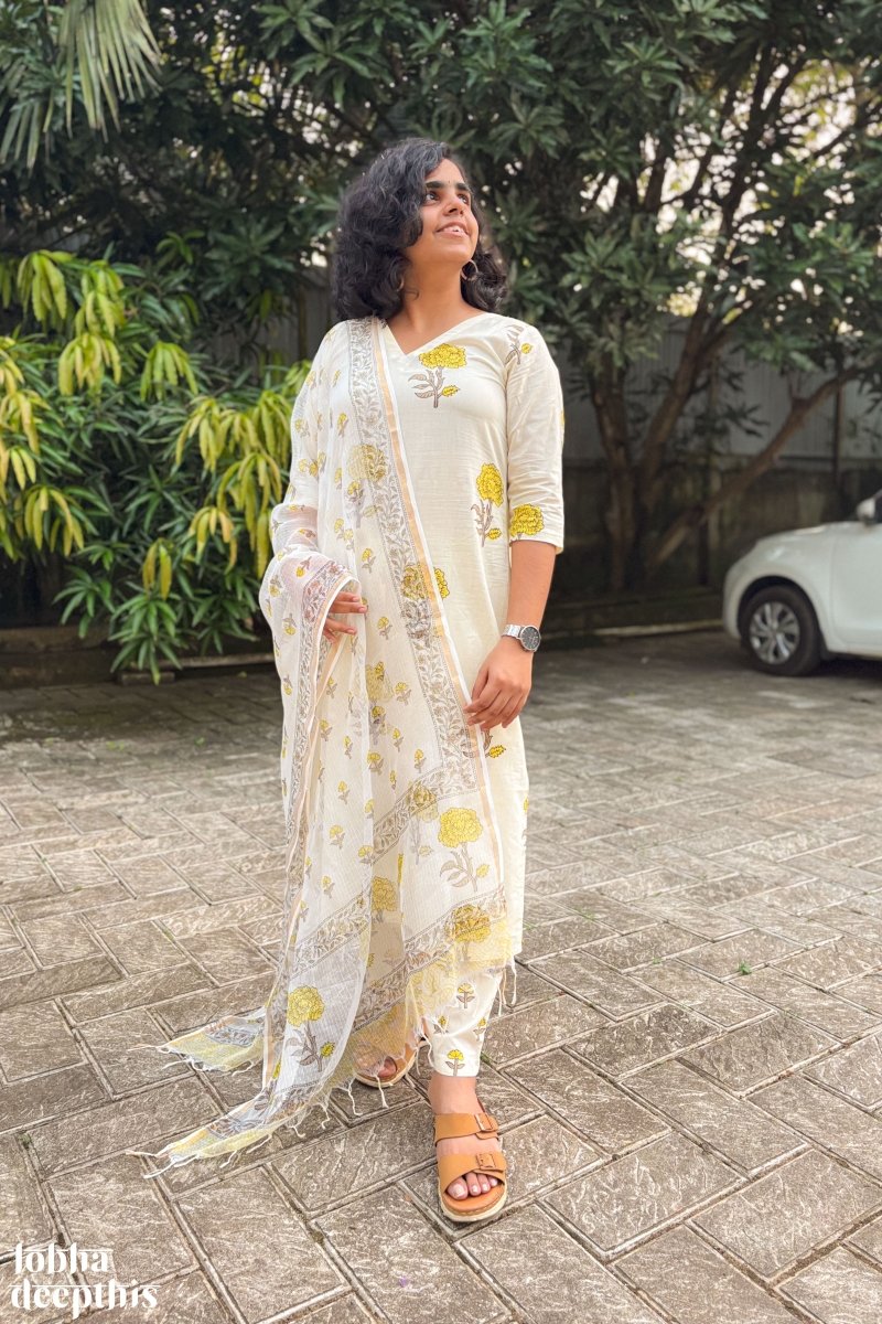 Jamanthi on Cream Sanganeri Straight Kurta - Lobha Deepthis