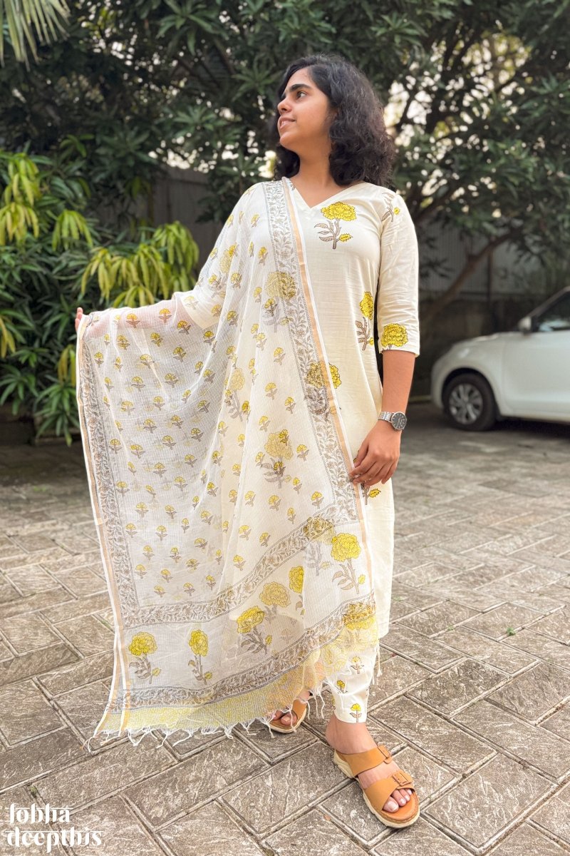 Jamanthi on Cream Sanganeri Straight Kurta - Lobha Deepthis