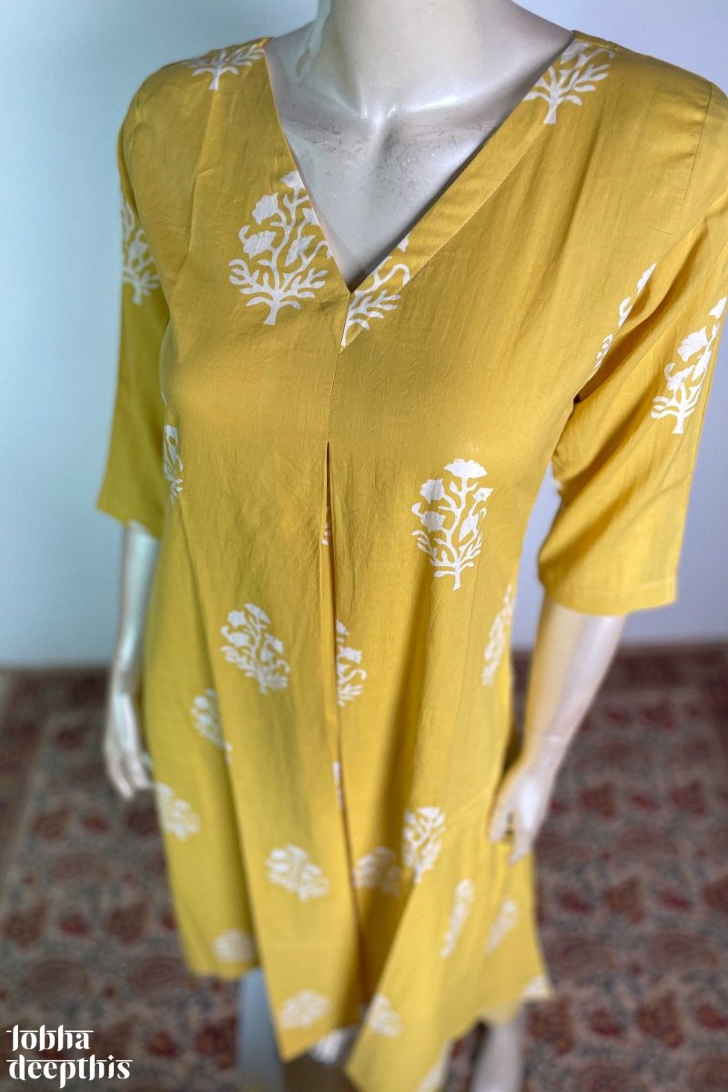 Jamanthi on Yellow Sanganeri Box Pleated Kurta - Lobha Deepthis