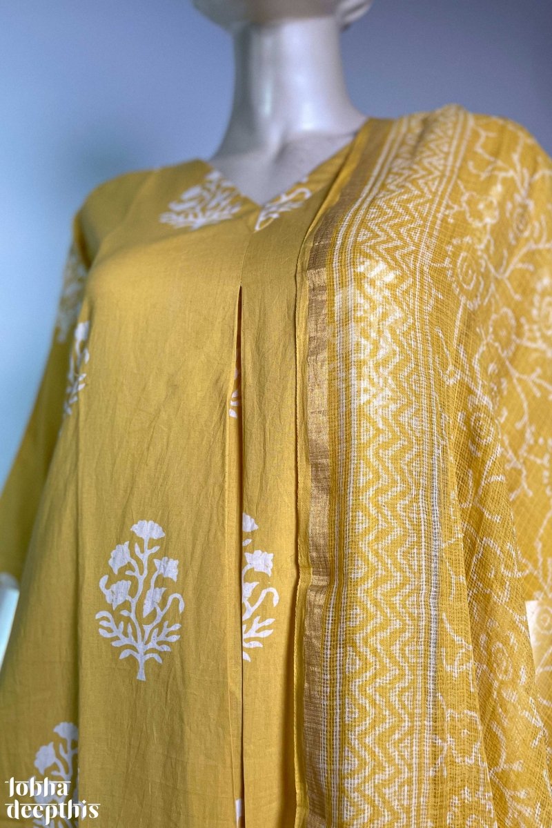 Jamanthi on Yellow Sanganeri Box Pleated Kurta - Lobha Deepthis