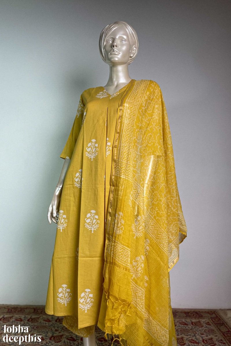 Jamanthi on Yellow Sanganeri Box Pleated Kurta - Lobha Deepthis