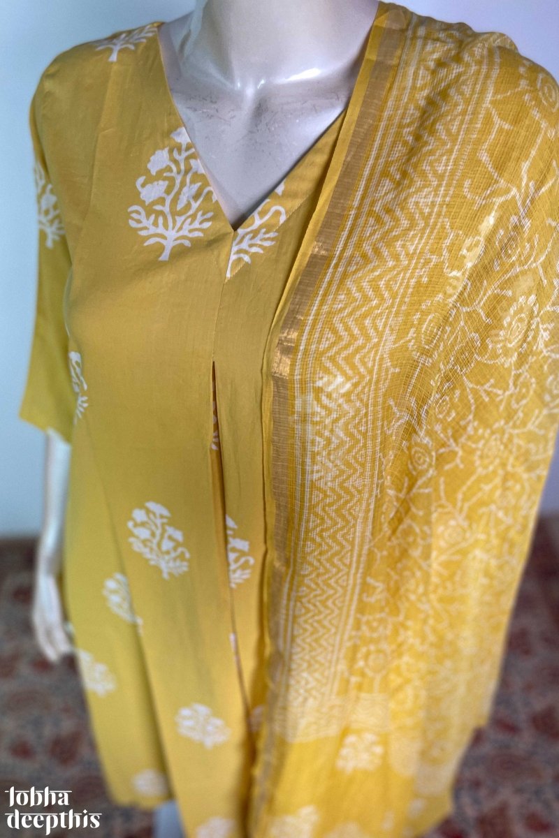 Jamanthi on Yellow Sanganeri Box Pleated Kurta - Lobha Deepthis