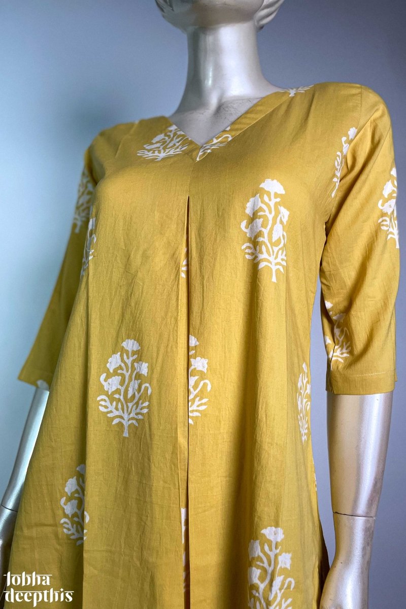 Jamanthi on Yellow Sanganeri Box Pleated Kurta - Lobha Deepthis