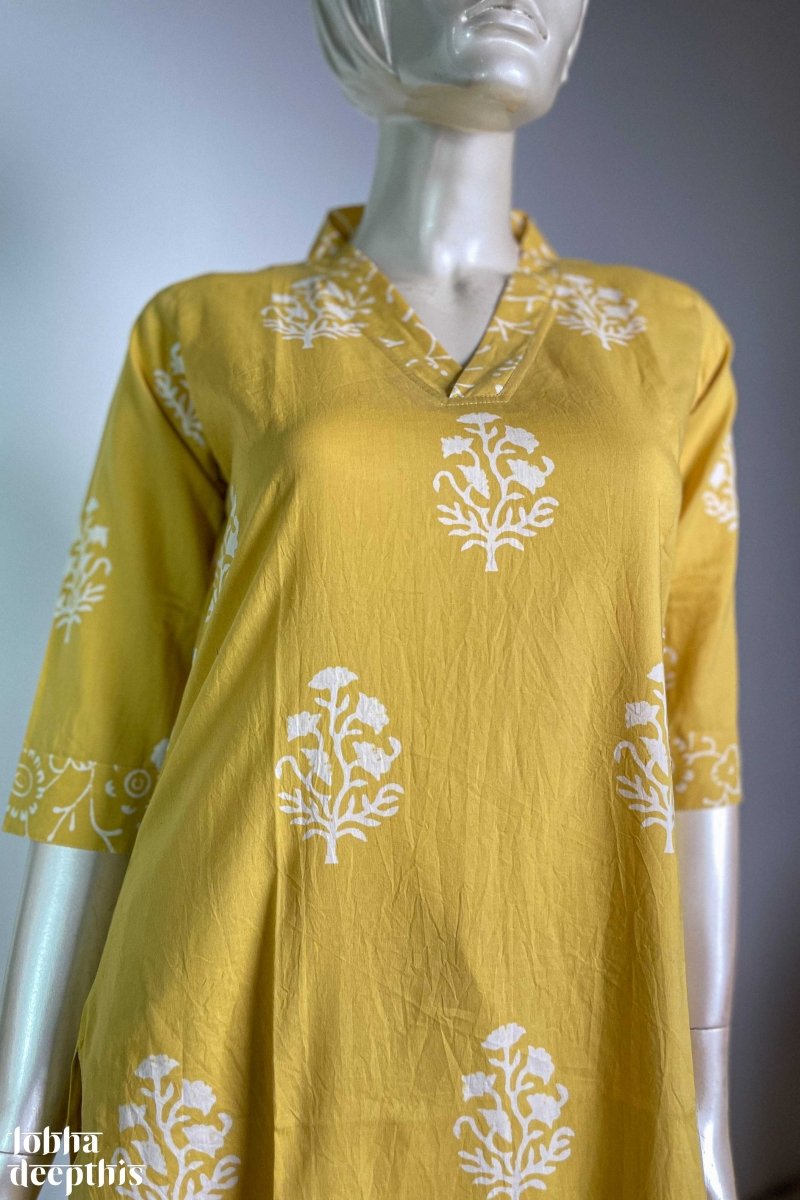 Jamanthi on Yellow Sanganeri Collar Kurta - Lobha Deepthis