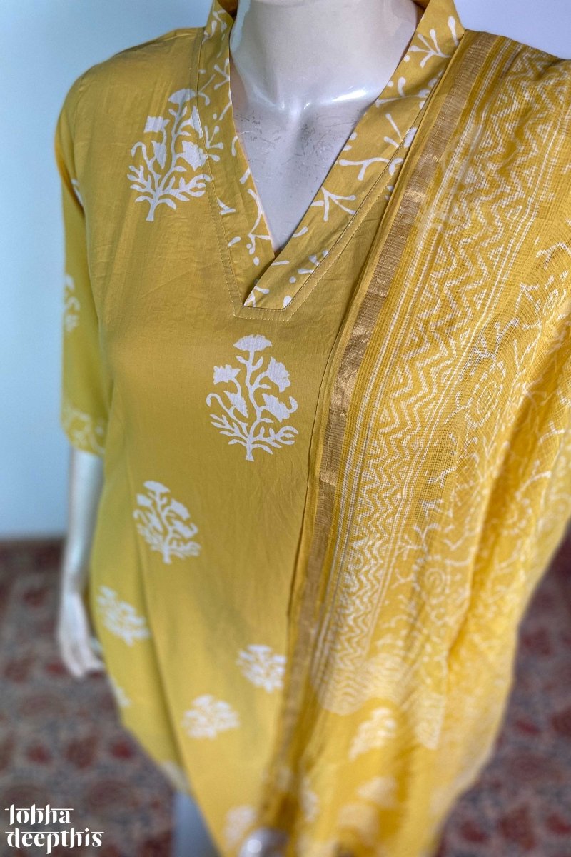 Jamanthi on Yellow Sanganeri Collar Kurta - Lobha Deepthis