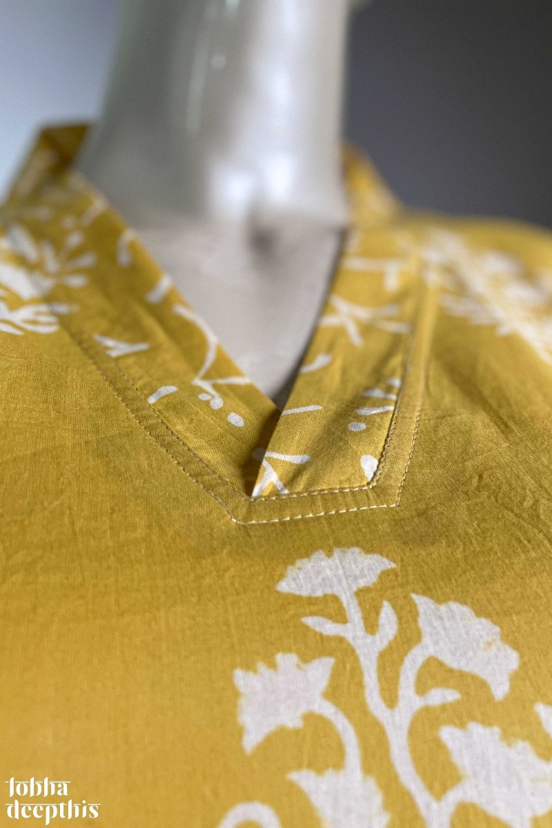 Jamanthi on Yellow Sanganeri Collar Kurta - Lobha Deepthis