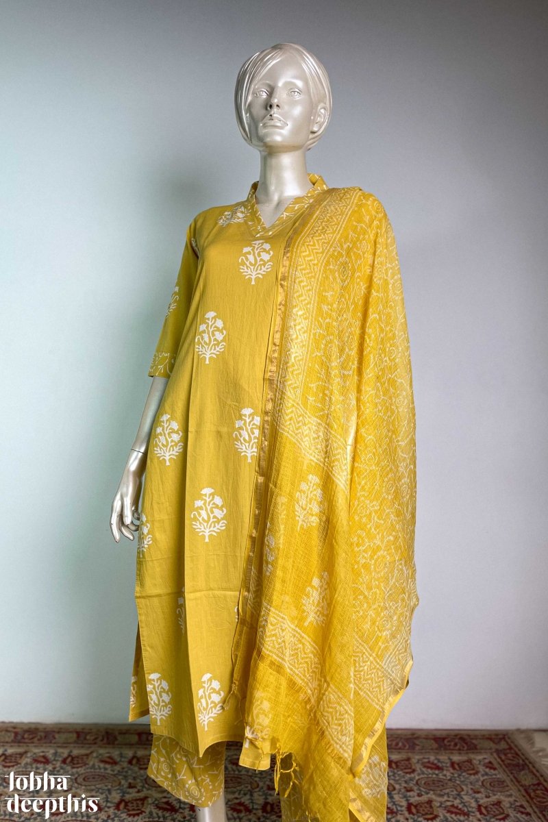 Jamanthi on Yellow Sanganeri Collar Kurta - Lobha Deepthis