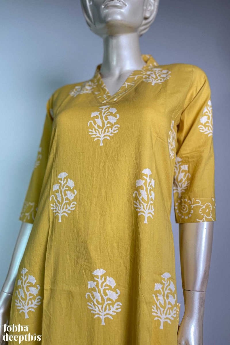 Jamanthi on Yellow Sanganeri Collar Kurta - Lobha Deepthis