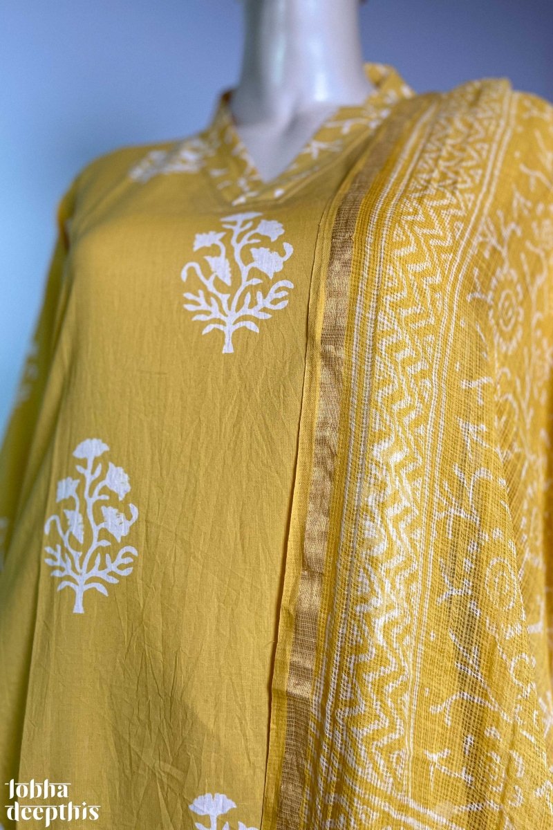 Jamanthi on Yellow Sanganeri Collar Kurta - Lobha Deepthis