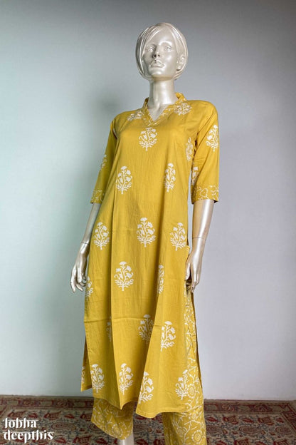 Jamanthi on Yellow Sanganeri Collar Kurta - Lobha Deepthis