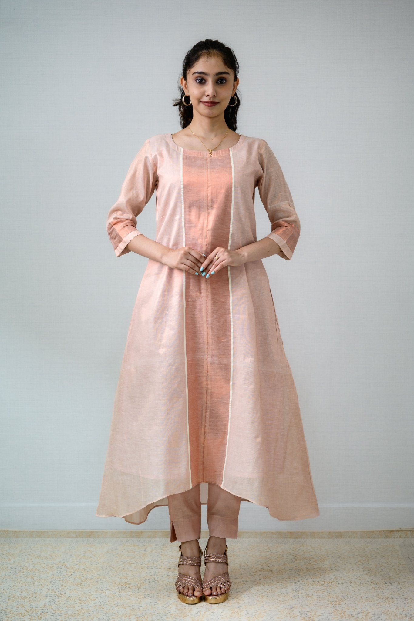 Kasavu Elegance Copper Tissue High Low Kurta - Lobha Deepthis
