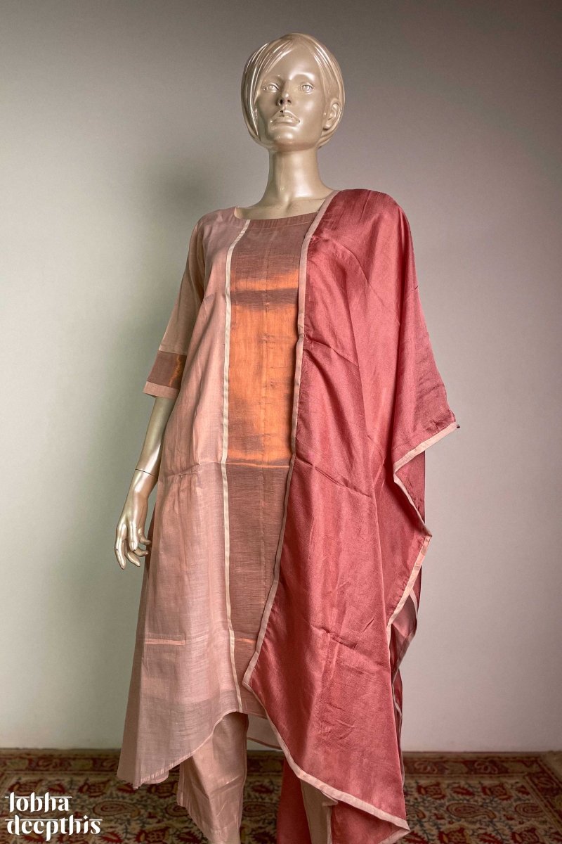 Kasavu Elegance Copper Tissue High Low Kurta - Lobha Deepthis