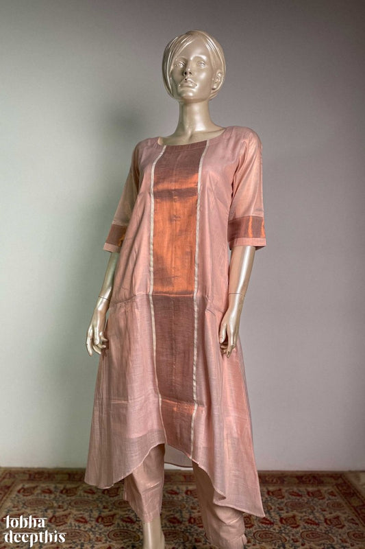 Kasavu Elegance Copper Tissue High Low Kurta - Lobha Deepthis