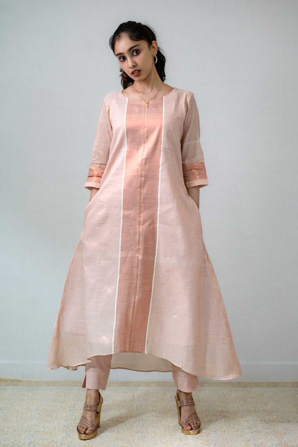 Kasavu Elegance Copper Tissue High Low Kurta - Lobha Deepthis