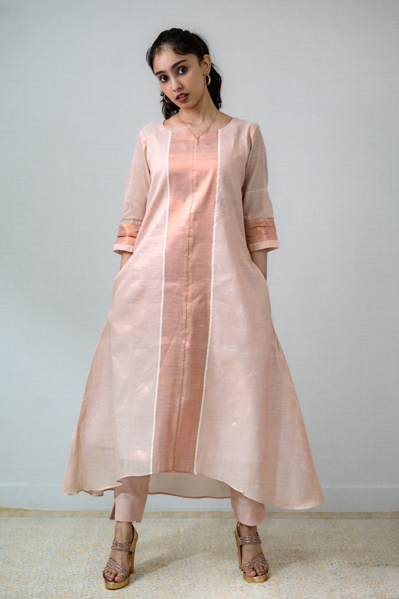 Kasavu Elegance Copper Tissue High Low Kurta - Lobha Deepthis