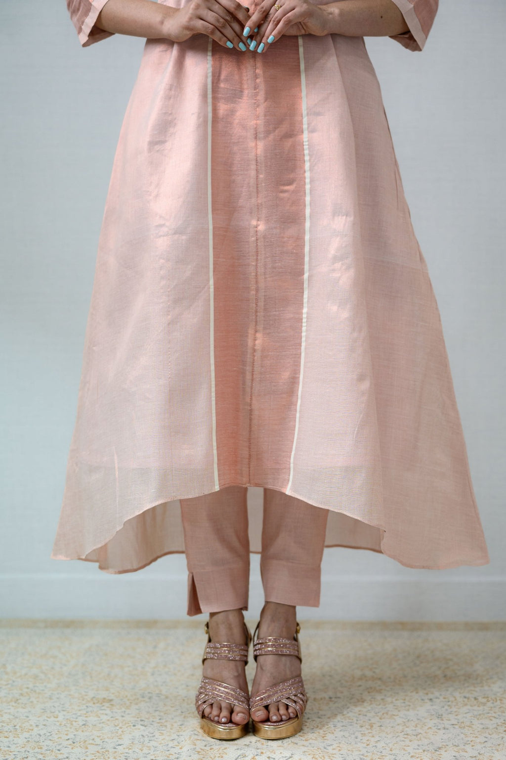 Kasavu Elegance Copper Tissue High Low Kurta - Lobha Deepthis