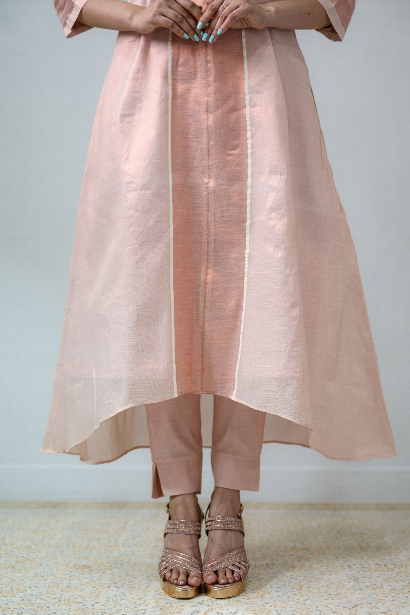 Kasavu Elegance Copper Tissue High Low Kurta - Lobha Deepthis