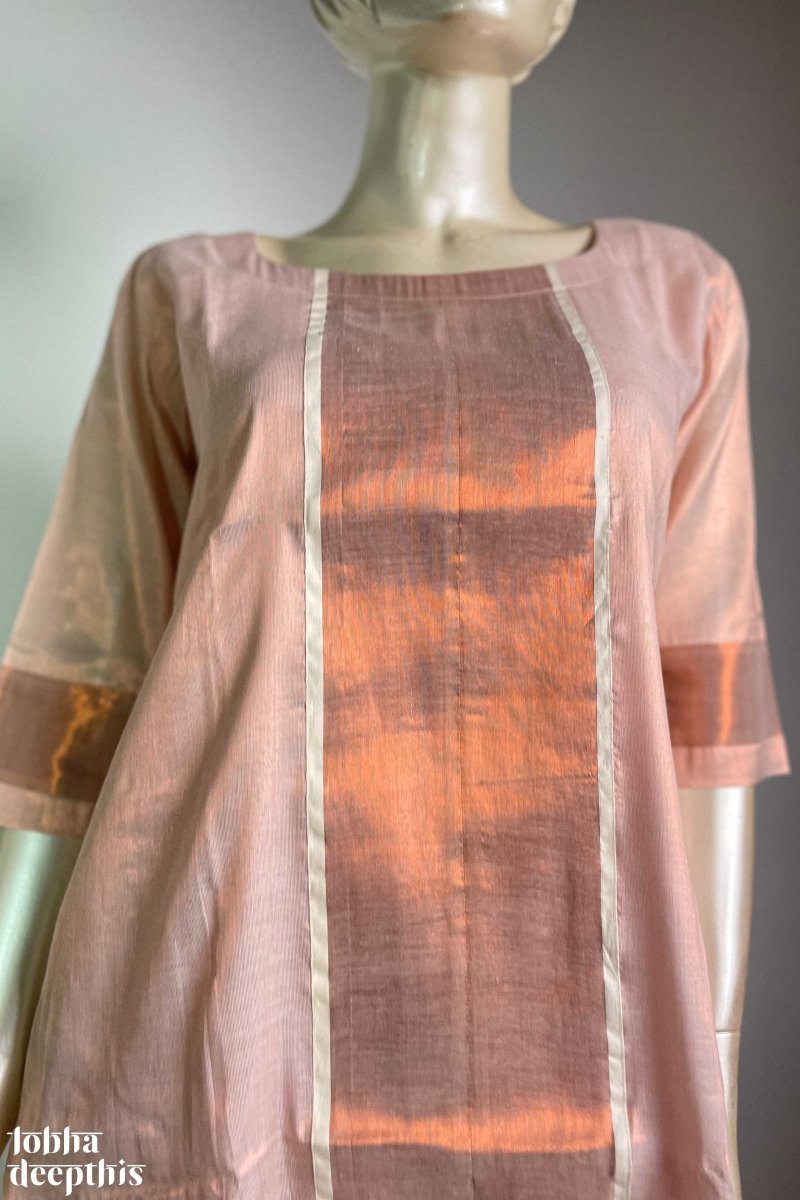 Kasavu Elegance Copper Tissue High Low Kurta - Lobha Deepthis