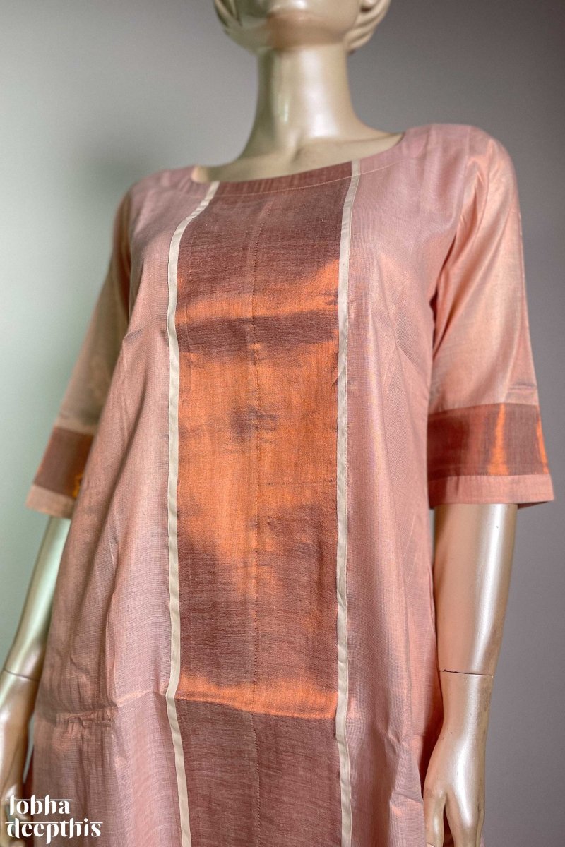 Kasavu Elegance Copper Tissue High Low Kurta - Lobha Deepthis