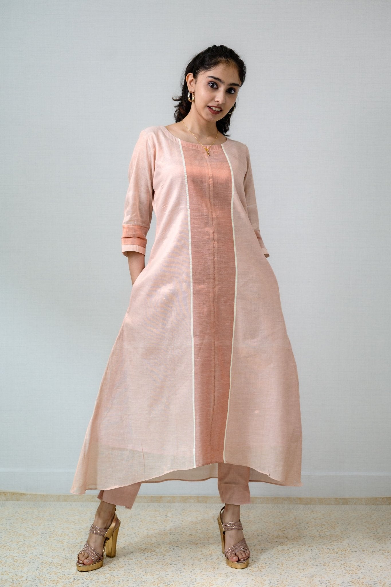 Kasavu Elegance Copper Tissue High Low Kurta - Lobha Deepthis