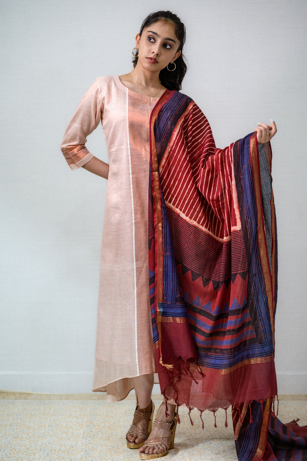 Kasavu Elegance Copper Tissue High Low Kurta - Lobha Deepthis