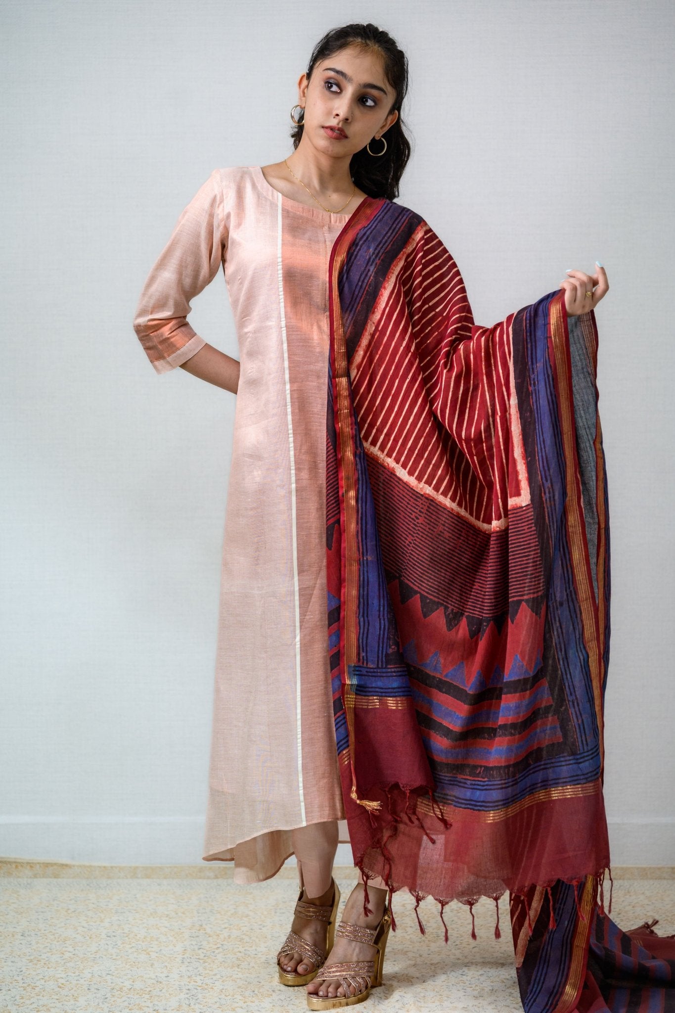 Kasavu Elegance Copper Tissue High Low Kurta - Lobha Deepthis