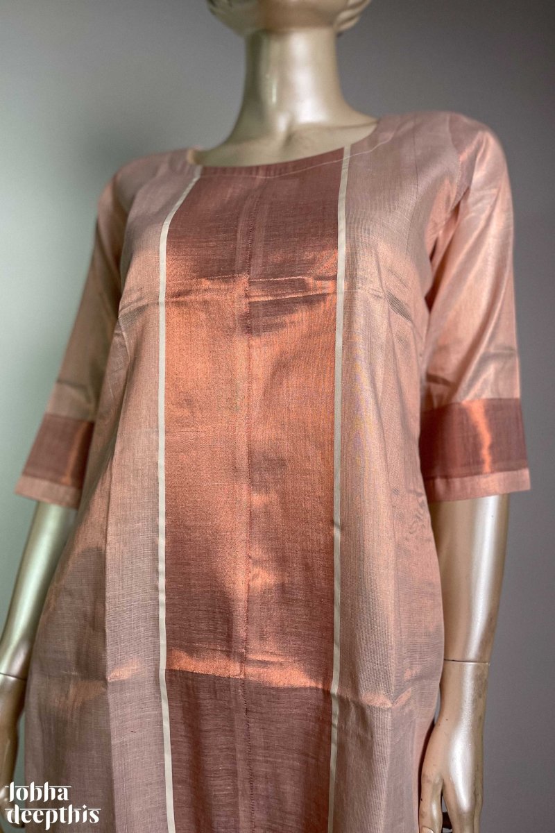 Kasavu Elegance Copper Tissue Straight Kurta - Lobha Deepthis