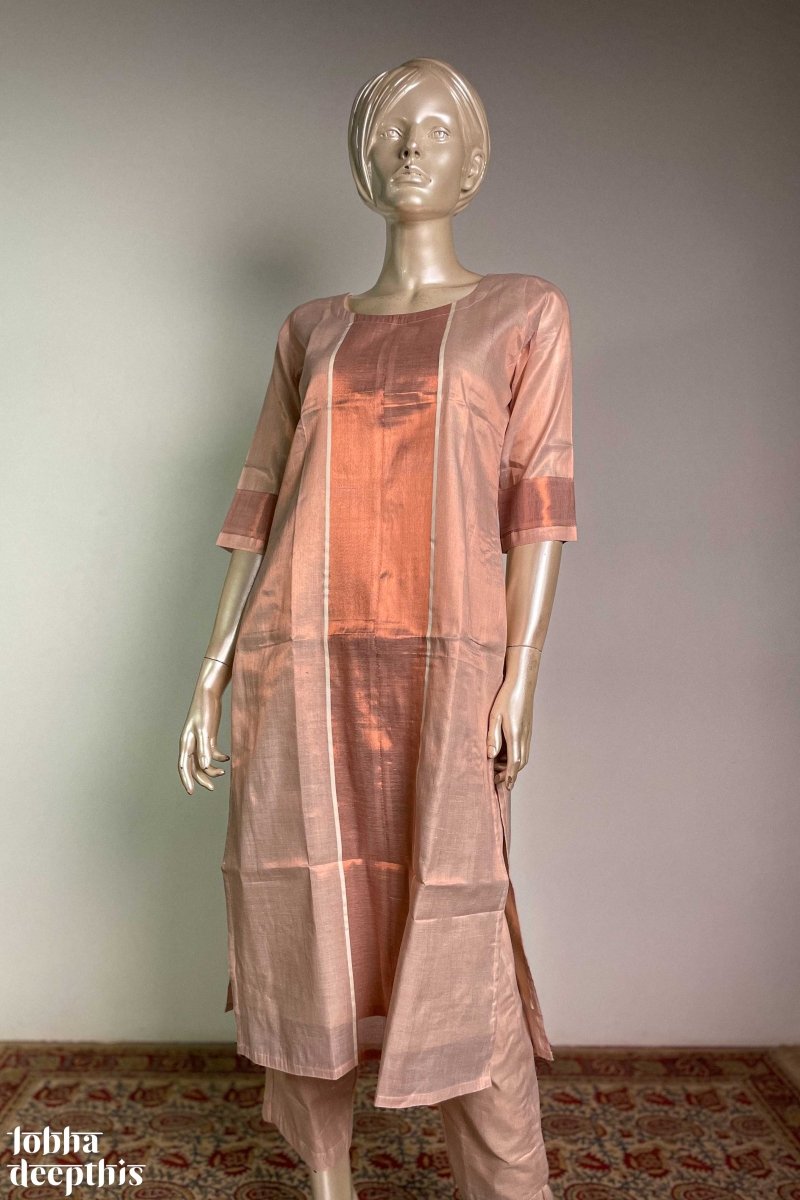 Kasavu Elegance Copper Tissue Straight Kurta - Lobha Deepthis