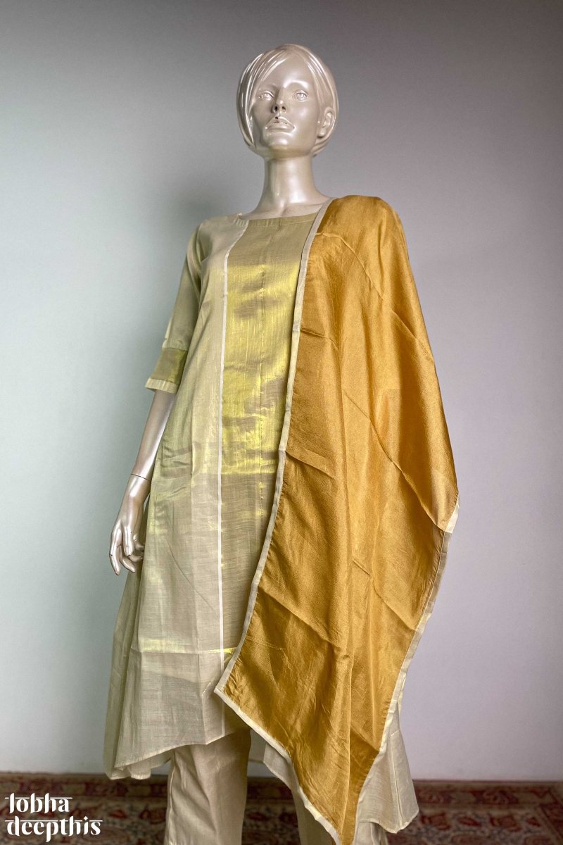 Kasavu Elegance Golden Tissue High Low Kurta - Lobha Deepthis