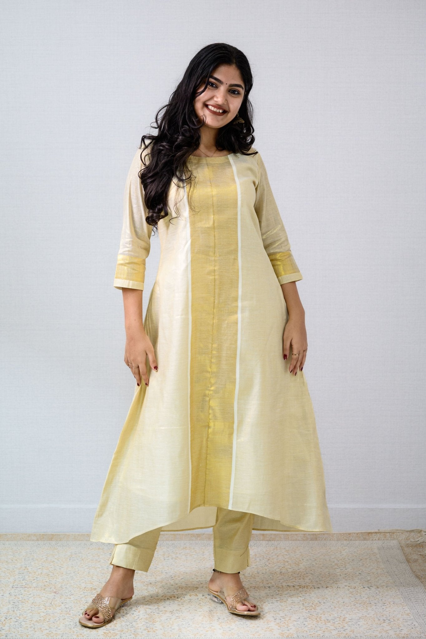 Kasavu Elegance Golden Tissue High Low Kurta - Lobha Deepthis