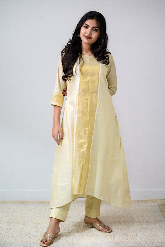 Kasavu Elegance Golden Tissue High Low Kurta - Lobha Deepthis