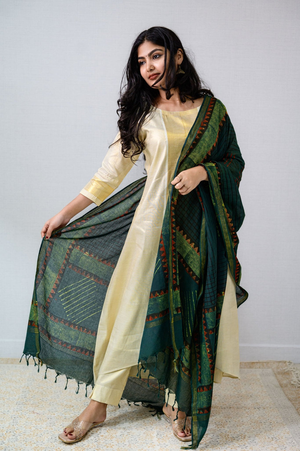 Kasavu Elegance Golden Tissue High Low Kurta - Lobha Deepthis