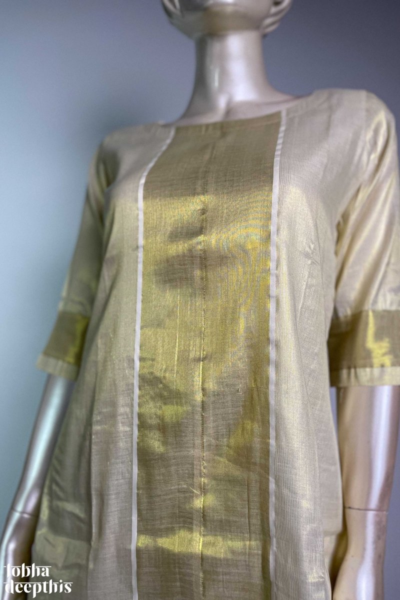 Kasavu Elegance Golden Tissue High Low Kurta - Lobha Deepthis