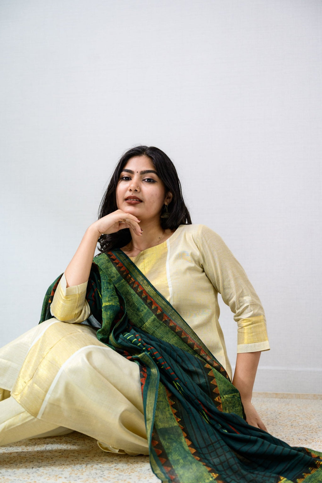 Kasavu Elegance Golden Tissue High Low Kurta - Lobha Deepthis