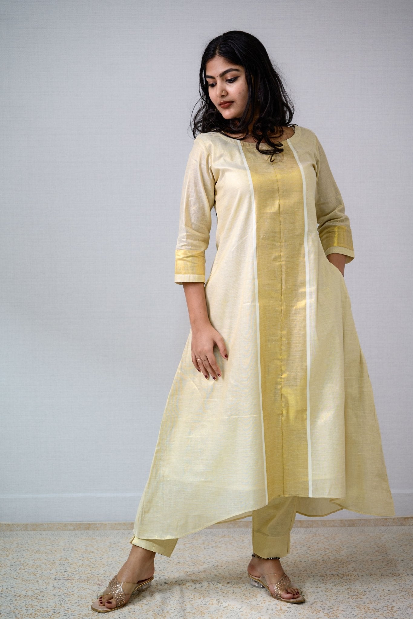 Kasavu Elegance Golden Tissue High Low Kurta - Lobha Deepthis