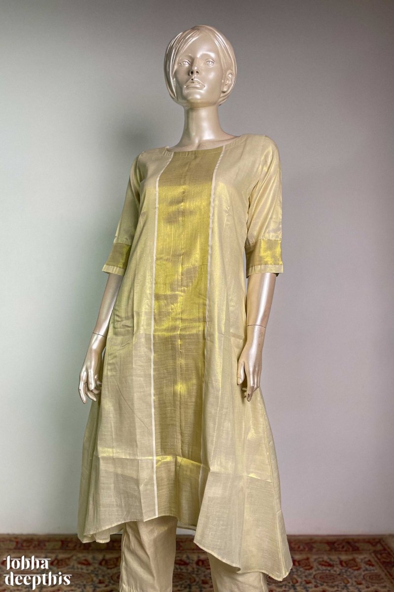 Kasavu Elegance Golden Tissue High Low Kurta - Lobha Deepthis