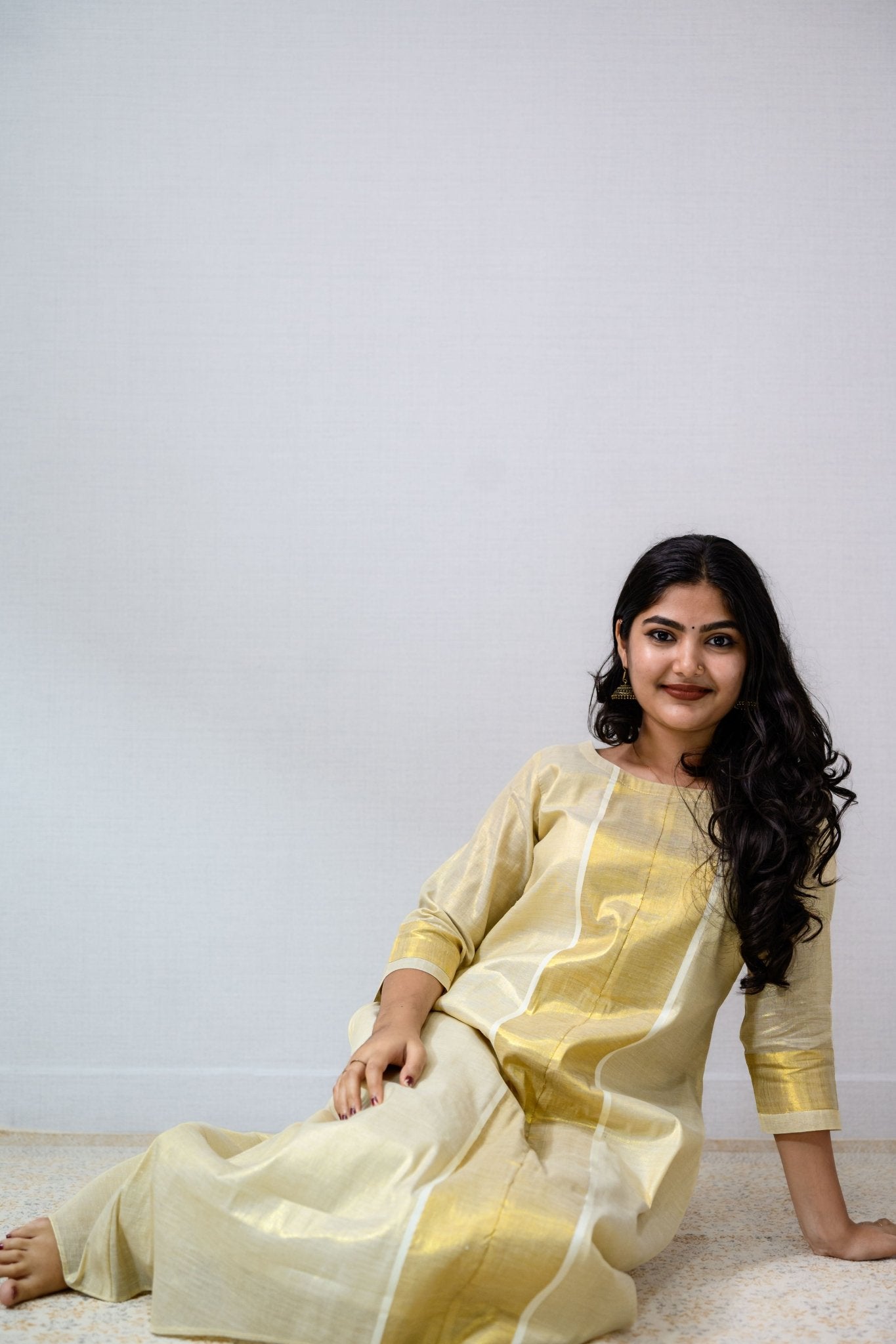 Kasavu Elegance Golden Tissue High Low Kurta - Lobha Deepthis