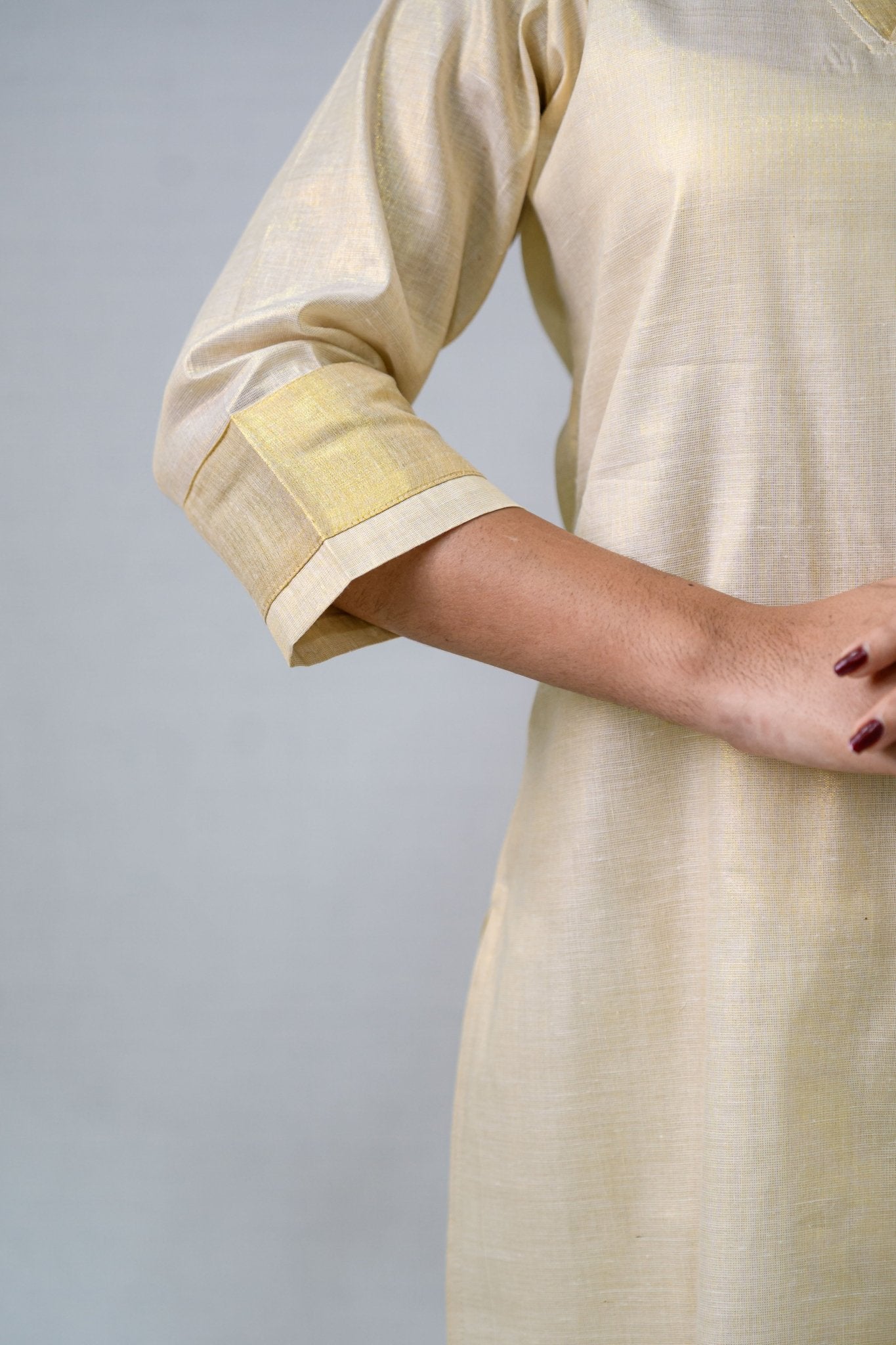 Kasavu Elegance Golden Tissue Straight Kurta - Lobha Deepthis