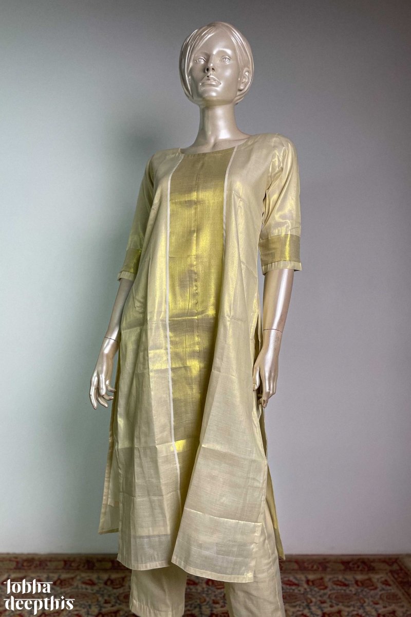 Kasavu Elegance Golden Tissue Straight Kurta - Lobha Deepthis