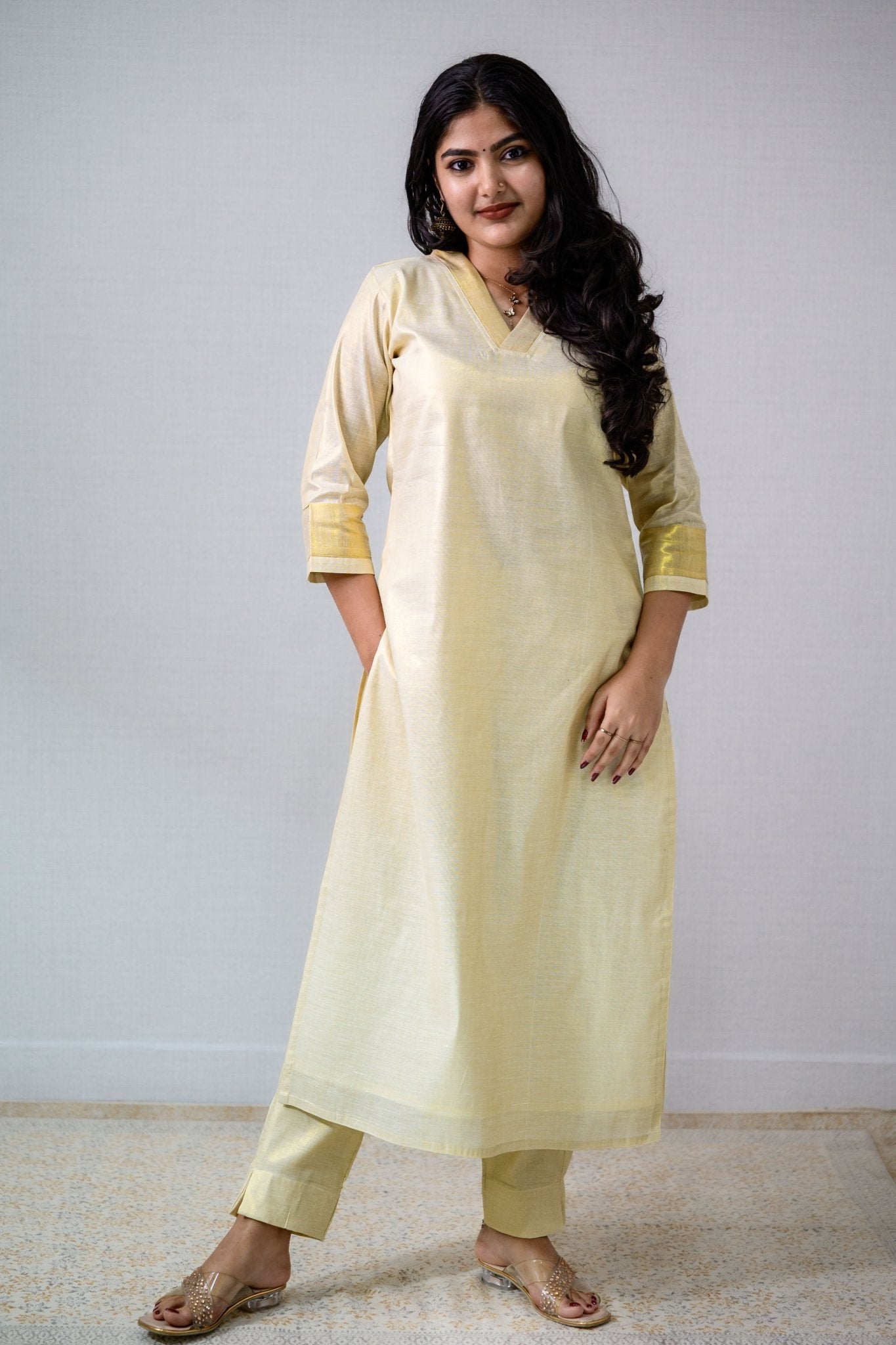 Kasavu Elegance Golden Tissue Straight Kurta - Lobha Deepthis