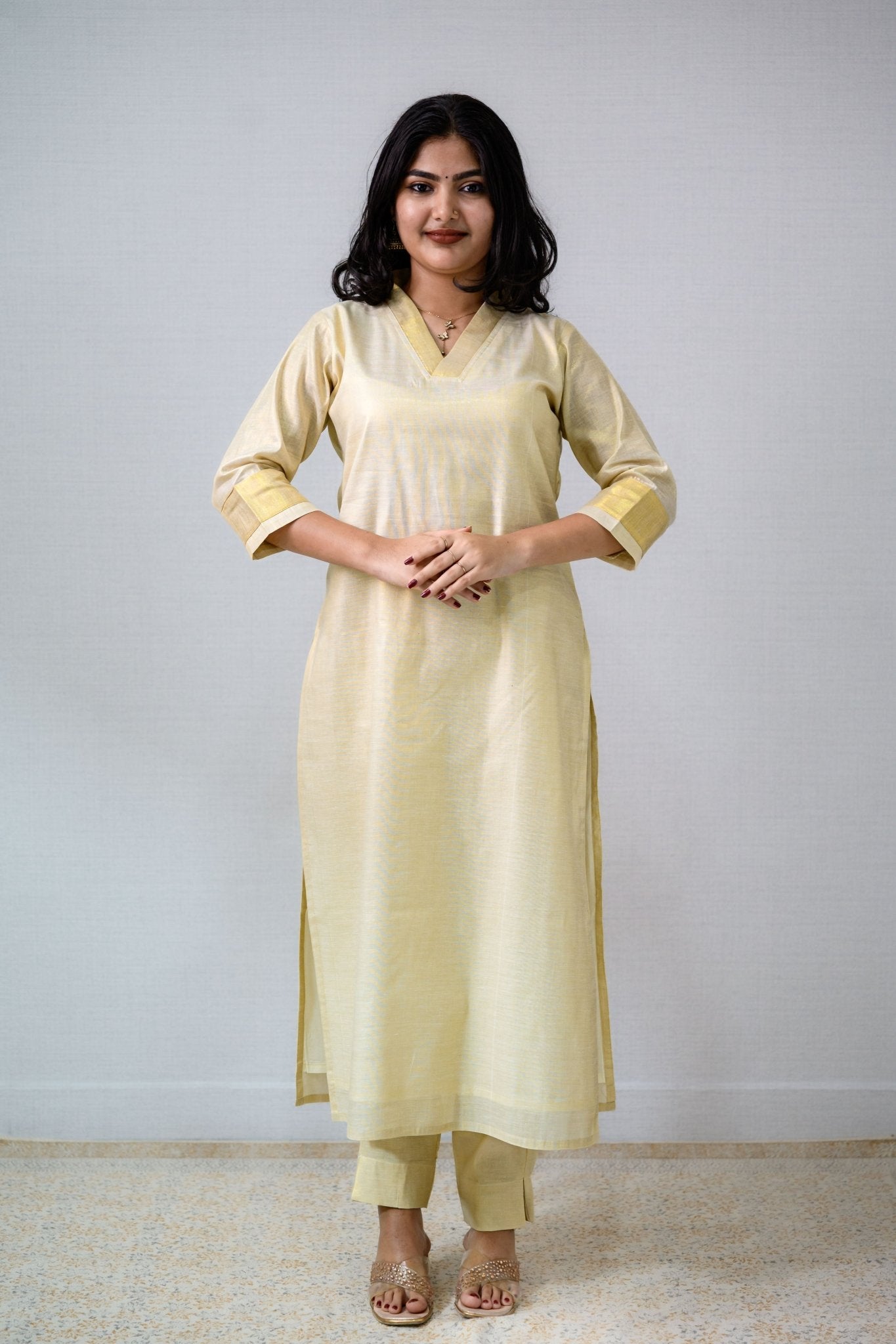 Kasavu Elegance Golden Tissue Straight Kurta - Lobha Deepthis