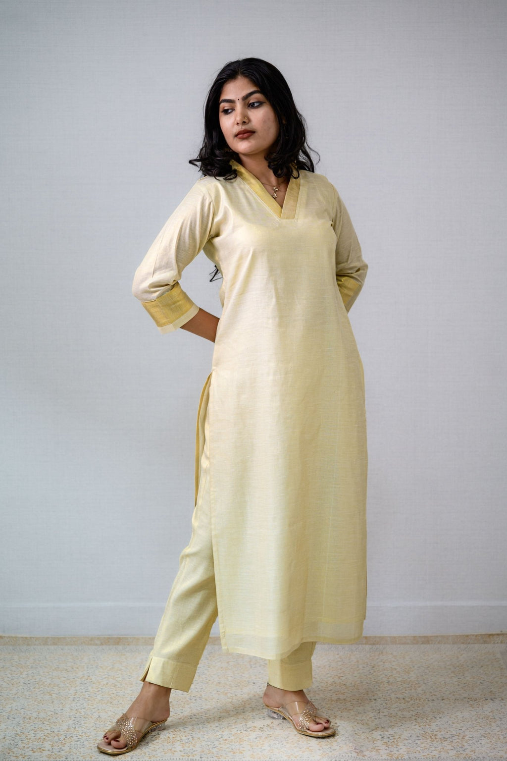 Kasavu Elegance Golden Tissue Straight Kurta - Lobha Deepthis