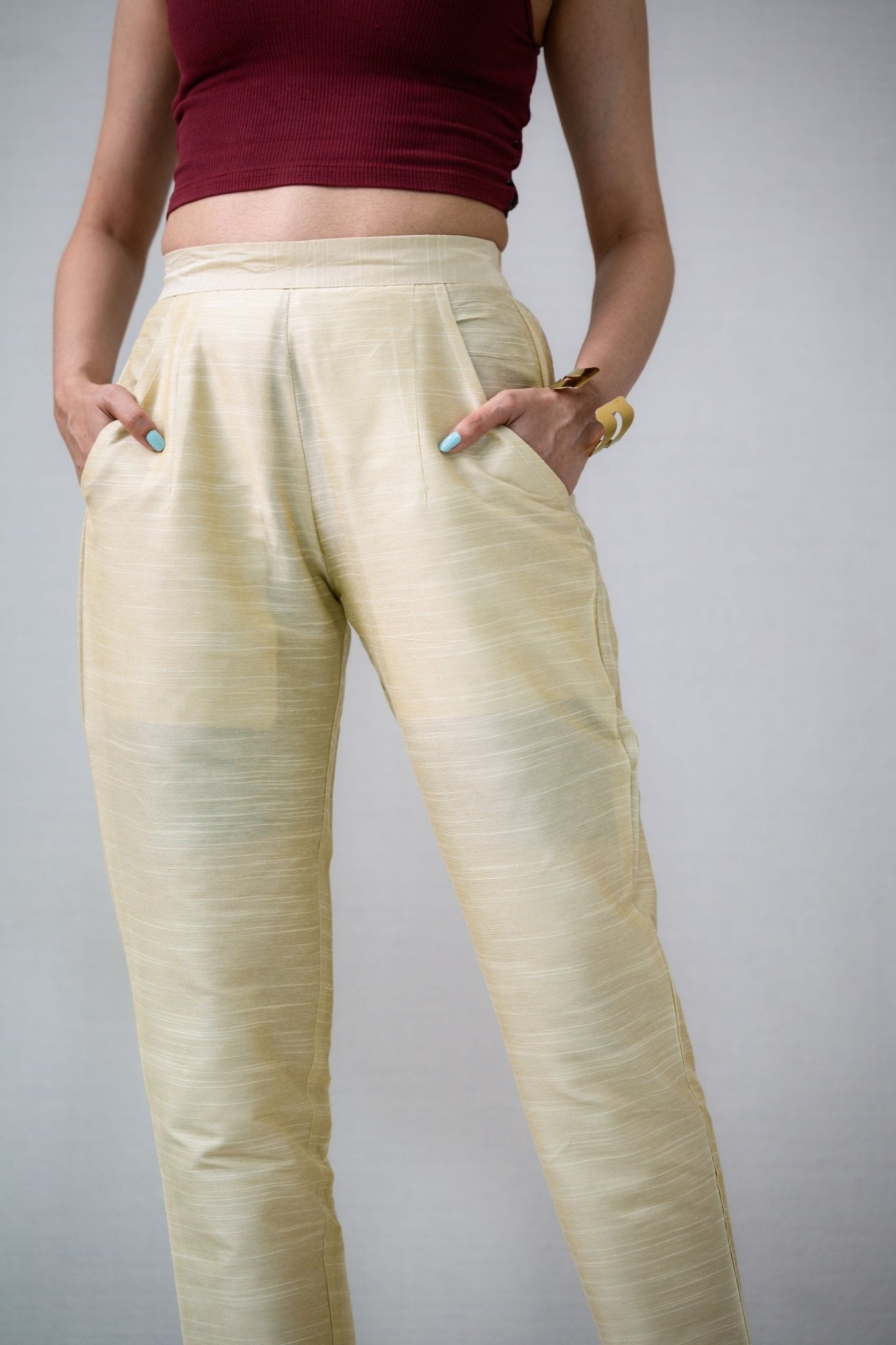 Kerala Cream Slub Silk Pencil Pants - Lobha Deepthis