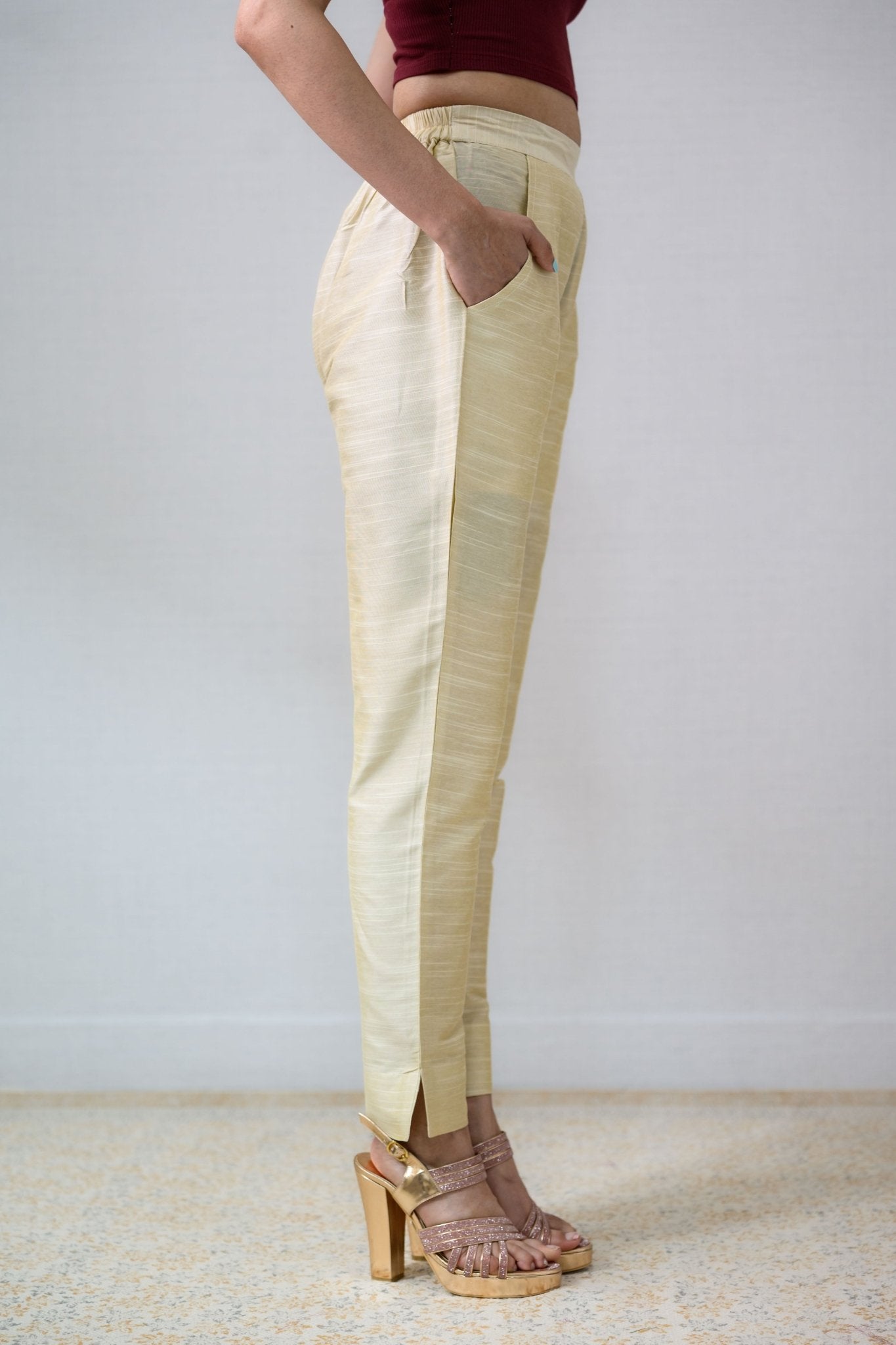 Kerala Cream Slub Silk Pencil Pants - Lobha Deepthis